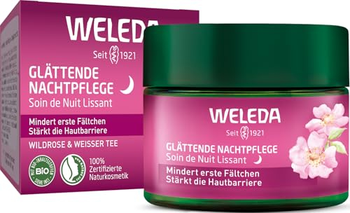 WELEDA Bio Glättende Nachtpflege Wildrose & Weißer Tee - Naturkosmetik Natural Aging Gesichtscreme mit Age Protect Complex mindert erste Fältchen & aktiviert die Zellerneuerung (vegan, 40ml)