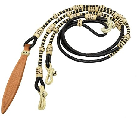 CALYX Black & Natural Knots Raw Hide Leather Horse Tack Hand-Braided Romal Romel Reins Ranch Rope/Rope Reins-8.5 Ft Rein, 52' Romel (Black Rope and Natural Knots)