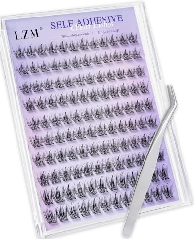 LZM Ciglia Adesive - Ciglia a Ciuffo Pre-incollate 10-13mm C Curl Volume, Kit di Extension Ciglia Individuali con Pinzette, Nessuna Colla Necessaria, Ciglia Adesive Naturali