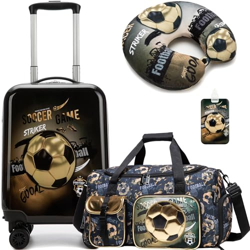 Inprof Kid’s Luggage Set 3 Piece Suitcase Set 16’’ Hardside Luggage Carry on Travel Rolling Luggage Airline Approved for Girls and Boys, G Football, 16 inch