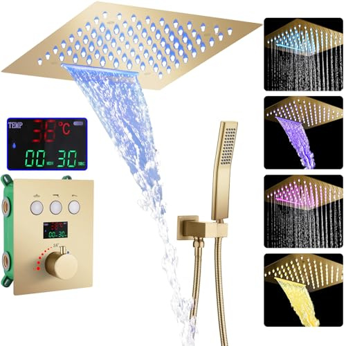 WRKMH Conjunto Ducha Empotrado, LED de 64 Colores Columna Ducha Termostatica Grifo Ducha Empotrado Oro Cepillado Pantalla Digital Columna de Ducha con 2 Funcional Cabezal de Ducha