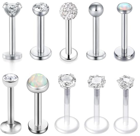Xyvona 10 Pcs Lip Labret Stud, 16G Stainless Steel Tragus Labret Lip Bars Studs, 8 mm Earrings Studs Silver for Women Men