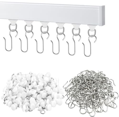 SATUY 200Pcs Curtain Track Gliders Hooks, 100 Pieces Hooks and 100 Pieces Gliders for Ceiling Sliding Curtain Track, Shower Curtain Pulley for Window Shower Curtain Tracks