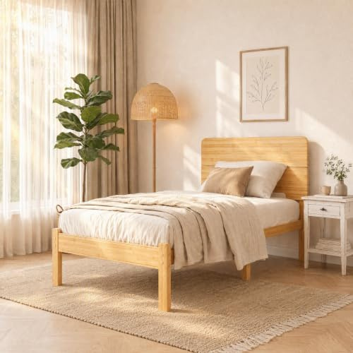 APEXTELLA HOME 3ft Wood Single Bed Frame with Headboard,14 Inch High Solid Bamboo Platform Bed with Metal Slats Support and Mattress Slide Stopper,Underbed Storage Space, Easy Assembly, Noise Free