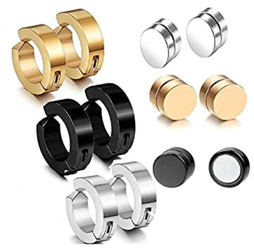 6 Pairs 9MM Non Piercing Cip on Hoop Earrings 8MM Magnetic Fake Gauges Earrings Studs