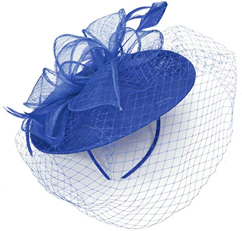 Caprilite Sinamay Fascinator mit Untertasse, Fascinator, für Hochzeit, Ascot-Hut, Vogelkäfig-Schleier, königsblau, Einheitsgröße