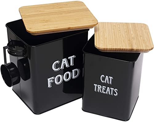 Morezi Boîte de Stockage de Nourriture pour Animaux de Compagnie (avec cuillère et Couvercle en Bois hermétique),conteneur croquettes Chat,3kg+1.5kg Nourriture Conteneur-Noir