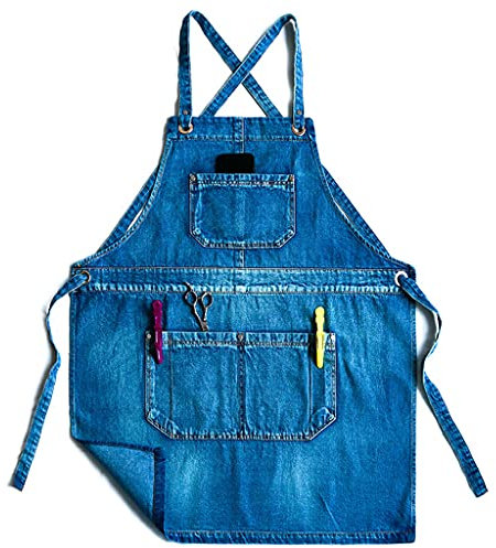 Damen Herren Jeans Latzschürze mit Tasche Kreuz Rücken Verstellbarer Schultergurt Vintage Washed Denim Arbeitsschürze für Friseure BBQ Kaffeehaus, bl, 2