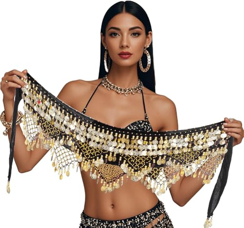 Leemiman Women Triangle Belly Dance Hip Belt with Gold Coins Dance Costume Wrap Skirts (Black)