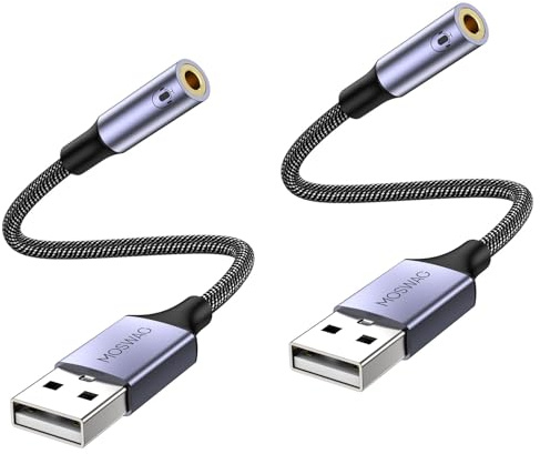 MOSWAG USB to 3.5mm Jack Audio Adapter,USB to Aux Cable with TRRS 4-Pole Mic-Supported Headphone AUX Adapter External Sound Card for PC PS4 PS5 and More (0.65Ft/20cm(2pack), Nylon Braided)