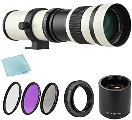 Andoer Fotocamera MF Super Teleobiettivo Zoom F/8.3-16 420-800 mm T Mount + set di filtri UV/CPL/FLD + 2X teleconvertitore 420-800 mm + anello adattatore T2-AI di ricambio