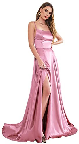 BABYONLINE D.R.E.S.S. Robe de Bal Longue Elégante en Satin Fendue Robe pour Mariage Invitée Femme Temoin Rose Foncé 38