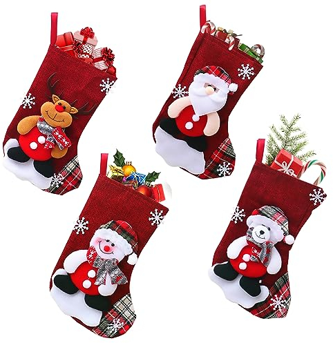 Ruikdly 4 Weihnachtsstrumpf Christmas Stockings Personalized Groß in verschiedenen Design Nikolausstiefel Zum Befüllen und Aufhängen für Kamin, Schaufenster,Weihnachtsbaum（16 * 13 * 22cm）