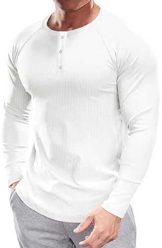 Muscle Cmdr Maglia Maglie A Maniche Lunghe da Uomo con Collo Grandad, Casual Slim Henley Maglietta Bianca L