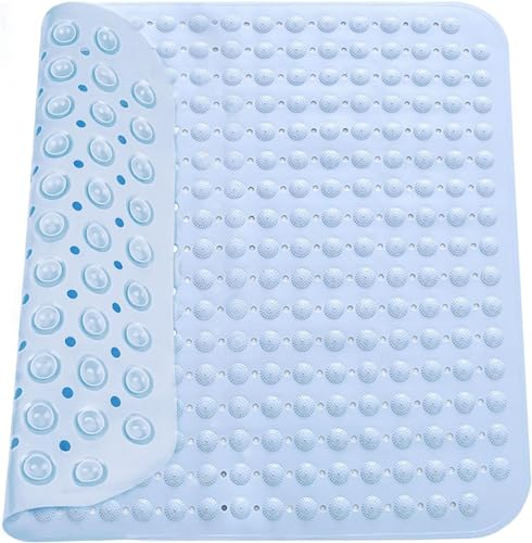 Duschmatte,48 x 48cmDuschmatte rutschfest Quadratisch, Badewannenmatte rutschfest, Aufhängern und Ablauflöchern,Hellblau