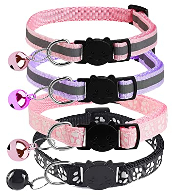 Reflektierend Katzenhalsband 4 Stück, Sicherheits-Katzenhalsbänder mit Schnellverschluss，Verstellbar Kitten Halsband mit Sicherheitsverschluss und Glöckchen für alle Hauskatzen