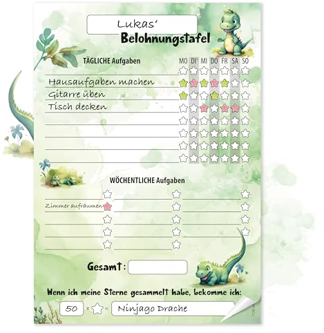 TOBJA Belohnungstafel A4 Block - Motiviert Kinder Spielerisch | 25 Blatt Belohnungssystem für Mädchen und Jungen Ab 3 Jahre (Dino)