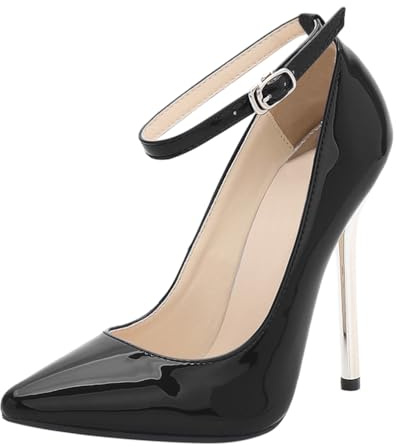 Minetom Femme Élégant Escarpins Similicuir Bout Pointu Pumps Chaussures à Bride Cheville Talon Aiguille Haute Chaussure de Soirée Mariage Bureau A Noir 37 EU