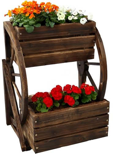 Sunnydaze 2-Tiered Wheeled Wooden Planter Box, 23.5” H, Charred Fir Wood