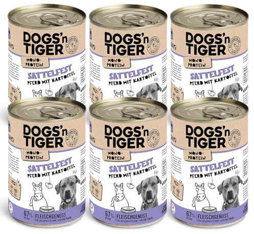 Dogs'n Tiger Monoprotein, Sattelfest, Adult Premium Hundenassfutter mit Pferdefleisch & Kartoffeln, hypoallergen, ohne Getreide, Zuckerzusatz, Mit optimale Verträglichkeit, 6X 400g