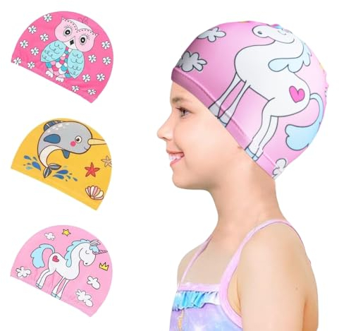 crazybean 3 Stück Badekappe Aus Stoff Für Kinder Elastische Schwimmhaube Cartoon Jungen Mädchen Wasserdicht Schwimmhaube