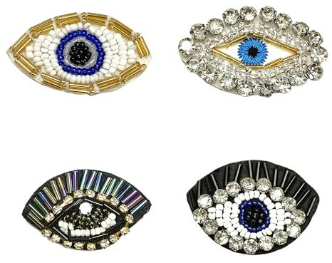 ZAHD 4 Stück Evil Eye Perlen Patch große Augen Perlen Patches für Kleidung Böses Auge Gesticktes Strass Patch Mit Bösen Augen Zum Aufnähen Bling Strass Applikation Für DIY Kleidung Hüte Tasche