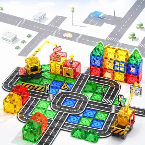 Wonder Toys 63 PCS Kit de Construction Cityscape Magnétique Classique avec Grue et Panneaux de Signalisation – Les Jouets de Construction Magnétiques Originaux
