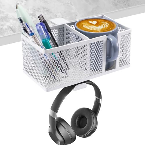 HAQIUHETO Porte Boissons 3 en 1, Support pour Casque sous Le Bureau, Support pour Casque Rotatif à 360° et Porte-gobelet Amovible, Porte-Stylo, Organisateur, Porte-Boissons, Accessoire Bureau (Blanc)