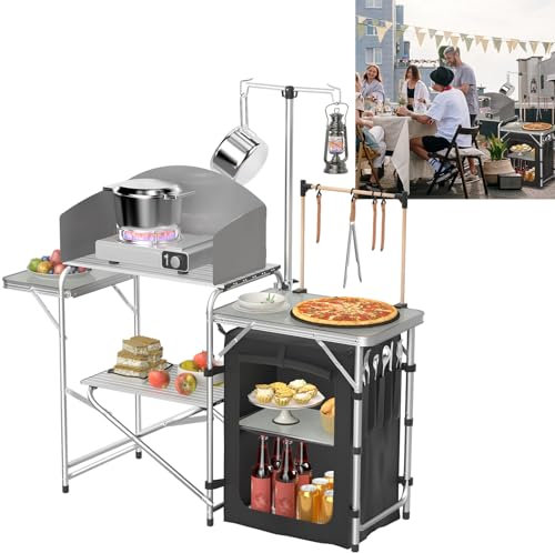 VA-Cerulean Campingküche Klappbarer Campingschrank faltbar, Outdoor Küche Küchenschrank Küchentisch mit Arbeitsplatten, inkl. Tragetasche & Lichtständer, Windschutz, Aluminium, Silber