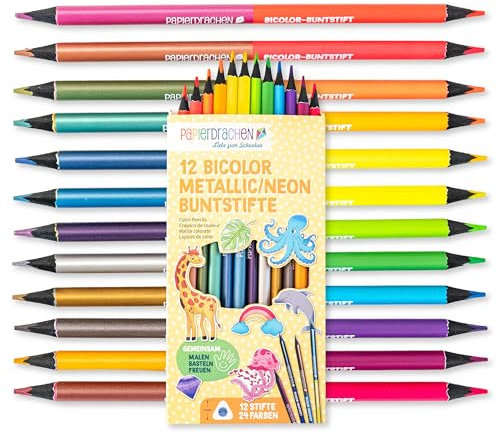 Papierdrachen Juego de 12 lápices de colores bicolores, 24 colores intensos, madera, triangulares, irrompibles, escolar, guardería, pintura, niños, metalizado neón