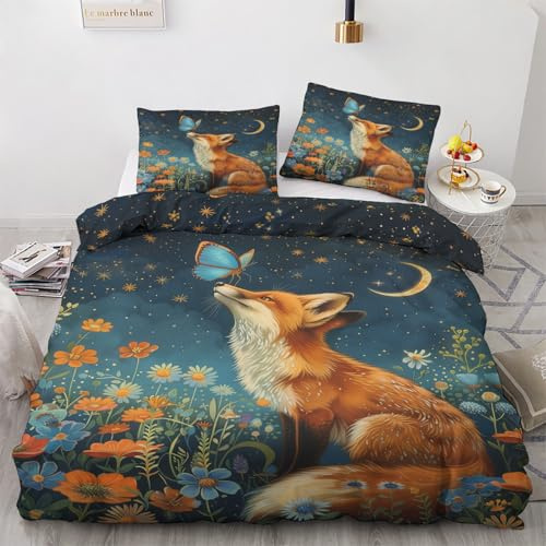 Generisch Fuchs Deko - Winter Bettwäsche 135x200 Fuchs, Wildblumen Schmetterling Bettbezug 135 x 200 2er Set mit 1 Kissenbezug 80x80, Weiche Mikrofaser Winterbettwäsche mit Reißverschluss L*&92