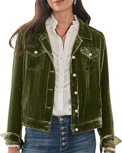 Damen-Cargojacke aus Samt, lässig, lange Ärmel, Button-Down-Jacke, bauchfreie Damenjacke, Vintage-Samtjacke, grün, L