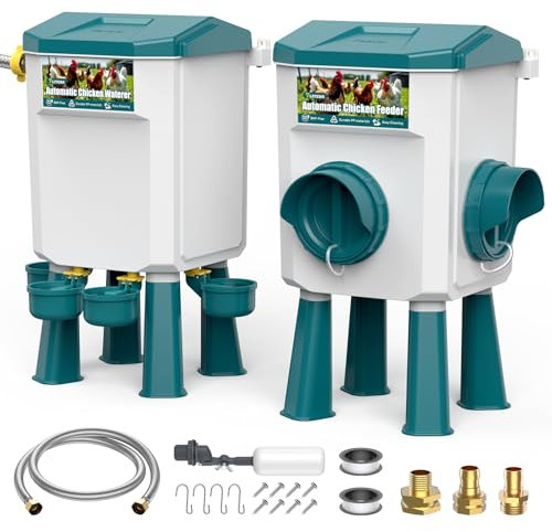 CHAMUTY Futterautomat Hühner, 7 Liter Hühnertränke Tränke Hühner, Automatische Geflügeltränke für Geflügel Mit 1,5m Wasserleitung, Schwimmerventil, Hühnerzubehör, Bruchfester langlebiger Kunststoff