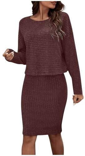 Gestrickter zweiteiliger Damen-Winterrock und Oberteil-Set, eleganter 2-teiliger Herbst-Strickrock mit Pullover, Freizeitanzug-Set, moderner Badeunterrock, wein, S