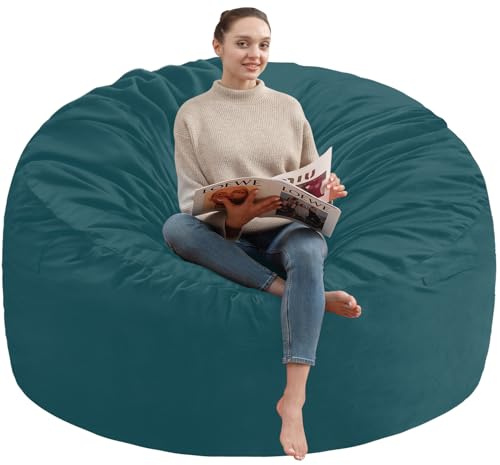SIMFLAG 5FT Bean Bag Chair, Large Bean Bag Chairs with Memory Foam Filled, Fluffy Beanbag Sofa with Dutch Velvet Cover, Round BeanBag Chairs for Living Room, Playroom- Sea Blue