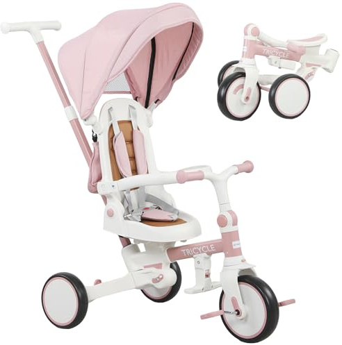 AIYAPLAY Triciclo infantil 5 en 1 con manillar, cubierta superior desmontable, arnés de 5 puntos y barra de seguridad, triciclo de aluminio y PP, 96,5x49x101 cm, rosa