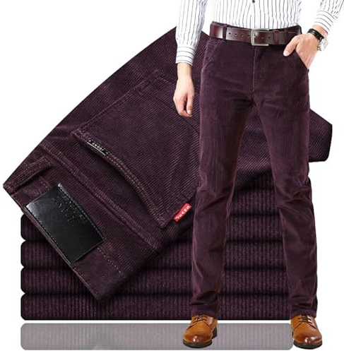 HESYSUAN Pantaloni da uomo in velluto a coste, pantaloni a pieghe dritti elasticizzati, vestibilità classica, pantaloni casual da lavoro, in cotone, senza pieghe, vestibilità aderente, Porpora, 46