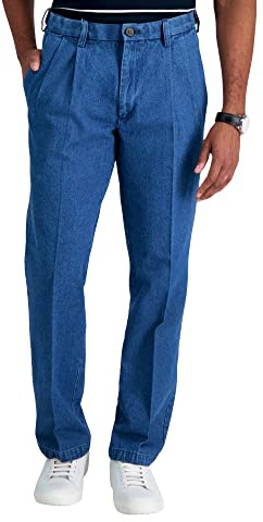 Haggar Men's Work To Weekend Hidden Expandable Waist Denim Pleat Front Pant,Light Stonewash,32x30