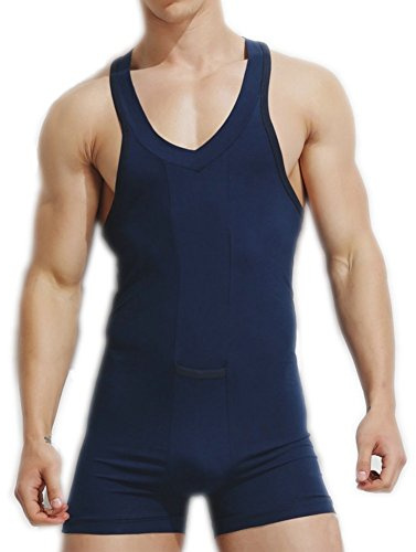 Livingly Light Men's Cotton Tank top One Piece Wrestling Singlet Bodysuit Leotard Underwear (Blue_cotton, L)