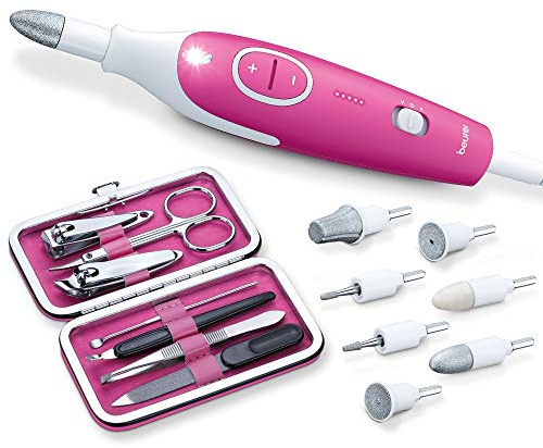 Beurer MP 44 Maniküre-/Pediküre Set, elektrisches Nagelpflegeset mit 7 Aufsätzen, LED-Licht, inkl. manuellem Nagelset, mit Aufbewahrungstasche, rosa/pink