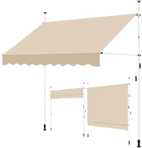 Yaheetech Clamp Awning, 250 cm Wide, Balcony Awning with Hand Crank, Sun Protection, No Drilling, Sun Awning, Height-Adjustable Awning with Frame, Beige