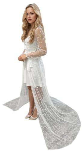 Pearl Long Sleeve Wedding Jacket Tulle Party Shawl BOLERO Floor-Length Bridal Cape Sexy pearl robe(ivory,M)