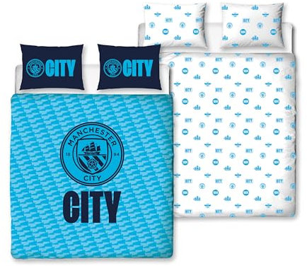 MANCHESTER CITY FC Character World Offizielles Doppel-Bettwäsche-Set, Crestcol-Design, wendbar, 2-seitig, Fußball-Bettwäsche, offizielles Merchandise-Produkt, inklusive passenden Kissenbezügen