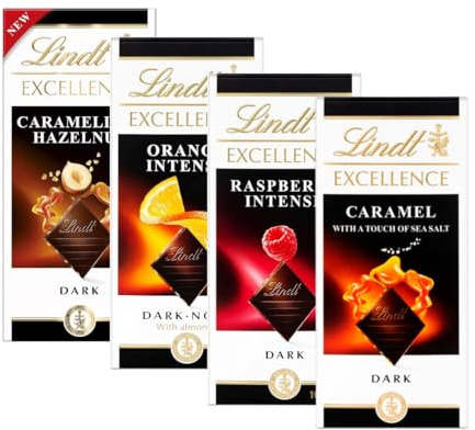 Excellence Dark Lindt Chocolates Bars Multipack - Pack of 4 x 100g Orange, Raspberry, Caramel Sea Salt & Hazelnut Bars & Topline Card. Chocolate Gift for Christmas Stocking Fillers, Birthday Gifts