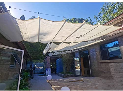 Rygcrud Retractable Wave Sun Shade Canopy, Freestanding Shelter Pergola Cover Slide Wire Awning Sail (Water Permeable) for Garden Yard Pavilion Grill, Custom (Color : Off-white, Size : 0.9x5m)