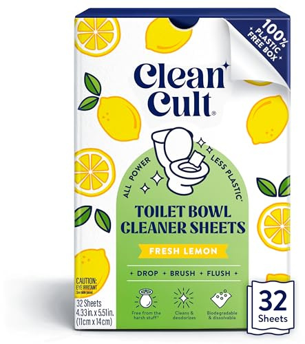 Cleancult Toilet Bowl Cleaner Sheets - Dissolvable, Septic Safe, Effective Cleaning, Removes Stains & Rings, Cleans & Deodorizes - 32 Uses - Fresh Lemon Scent - Plastic-Free Packaging