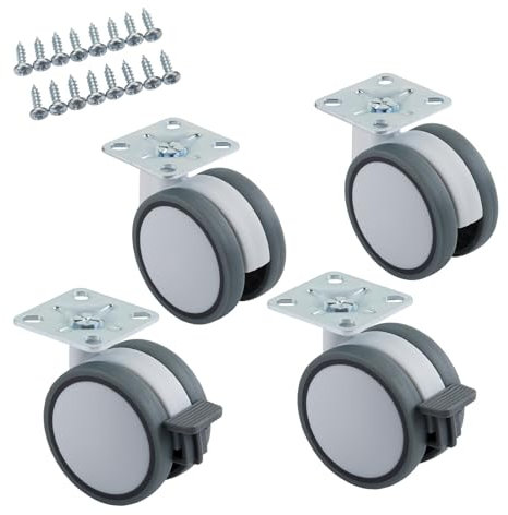 SOTECH Set di 4 Rotelle per Mobili Hamm Ø 63 mm, Altezza 74,5 con Piastra Avvitabile 47 x 47, Portata 35 kg, Bianco/Grigio - 2 Girevoli, 2 con Freno