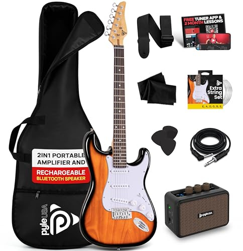 Pyle Electric Guitar and Amp Kit - Full Size 39 Complete Starter Kit with Wearable Bluetooth Amplifier, 1/4” Cable, Carry Case, Strap, Strings, Picks, Cleaning Cloth, ST-Style Pickups (Sun Burst)