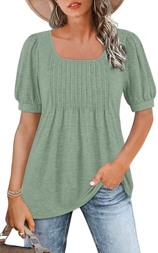 WNEEDU T Shirt Donna Collo Quadrato Magliette Donna Manica Corta a Sbuffo Estive Top Camicia Elegante Plissettata Fluide Tunica Blusa Verde Pisello L