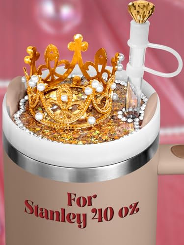 Toykee Lid Name Plate Topper for Stanley Cup 40 oz - Gold Crown with Diamond Straw Cover Cute Decoration Accessories for Tumbler, Water Bottle Glitter Bling Decor for Women Girls